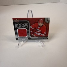 2015-16 UD Series 2 Rookie Materials Card RM-NH Noah Hanifin Carolina Hurricanes. rookie card picture
