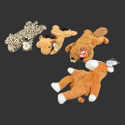 Ty Beanie Baby Bessie, Freckles, Bucky Beaver & Derby Plush Stuffed Toy Lot of 4