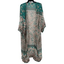 Floral Paisley Kimono Duster Women OS Teal Brown Western Boho Long Open Cardigan