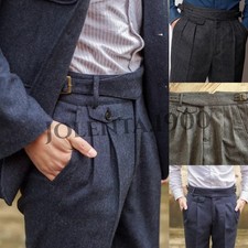 Herringbone Men's Pants Tweed High-Waisted Pleated Formal Pants Business Trouser