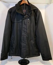 Swiss Tech Jacket Mens Medium Black Coat Full Zip Hooded Parka Pockets Insulated