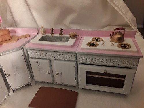 Miniature Dollhouse Furniture lot Kitchen Sink Stove Frig Food 1:12 pink white - Picture 4 of 12