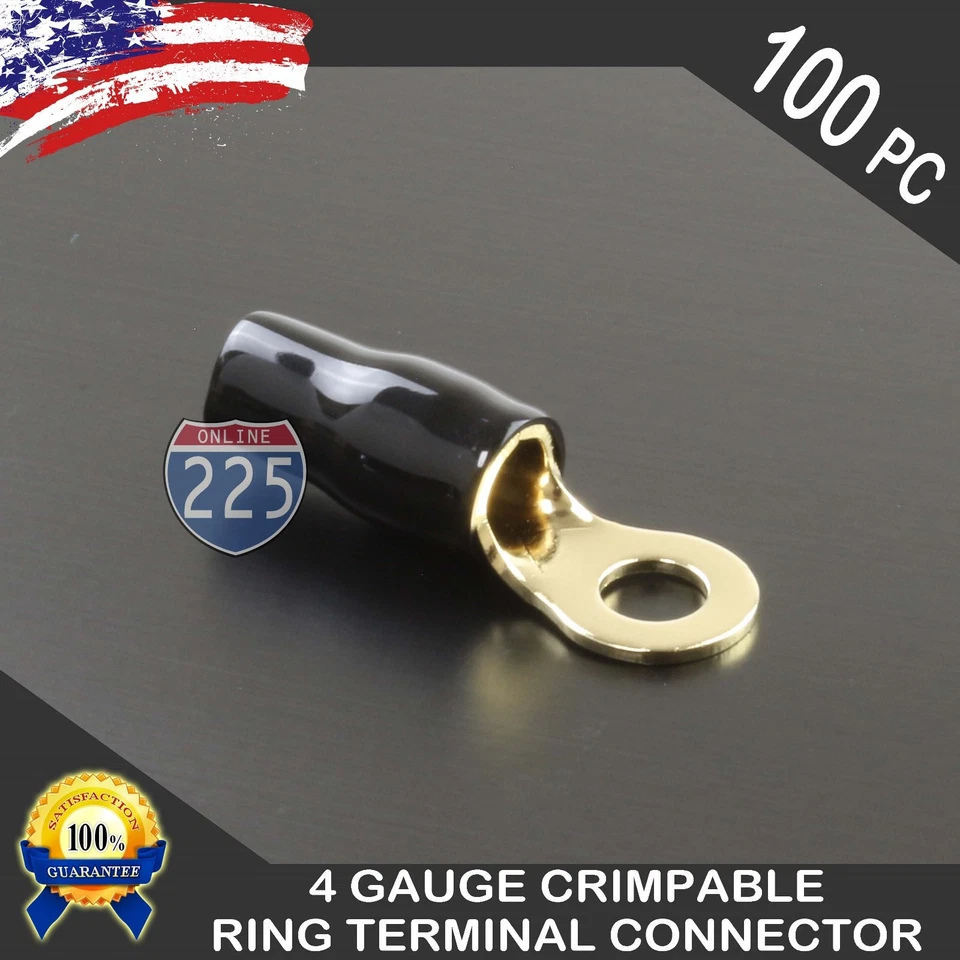 225FWY POWER GROUND CONNECTOR INSULATED CRIMPABLE 200 Pack 4 Gauge Gold Ring Terminal AWG Wire Crimp Cable Black Boots- 5/16" Stud