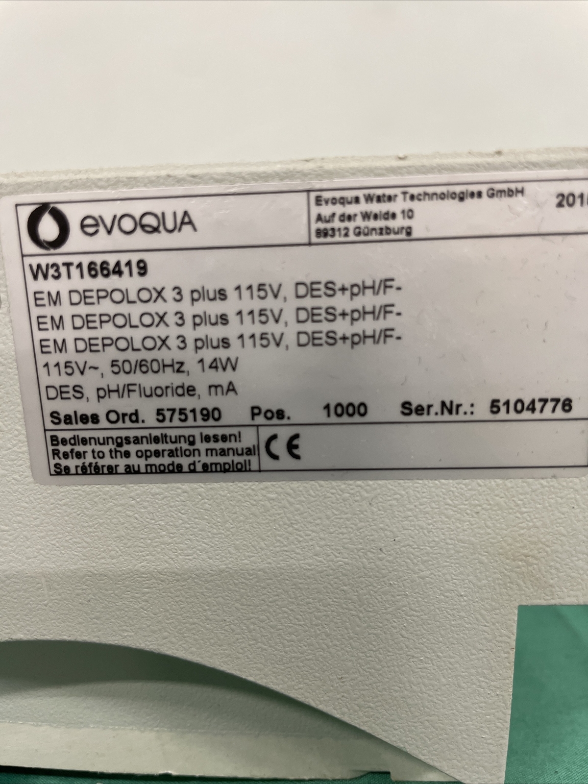 Evoqua Depolox 5 Chlorine Analyzer D5DL Measurement Module W3T166419