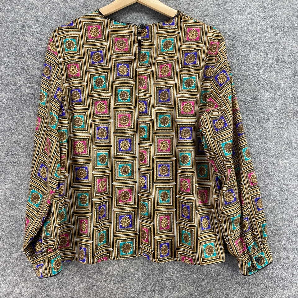 TanJay Blouse Women 8P Petite Brown Geometric Crew Neck Long Sleeve Button - Image 2 of 4