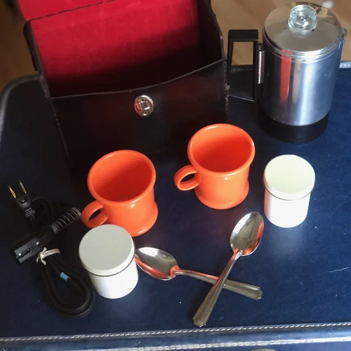 Vintage Traveling Percolator Set with Coffee Cups and Coffee Containers