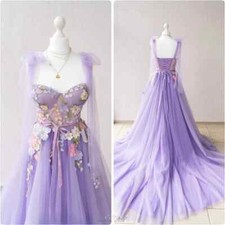 Purple Flowers Party Dresses Bow A-line Strapless Mesh Floor-Length Evening