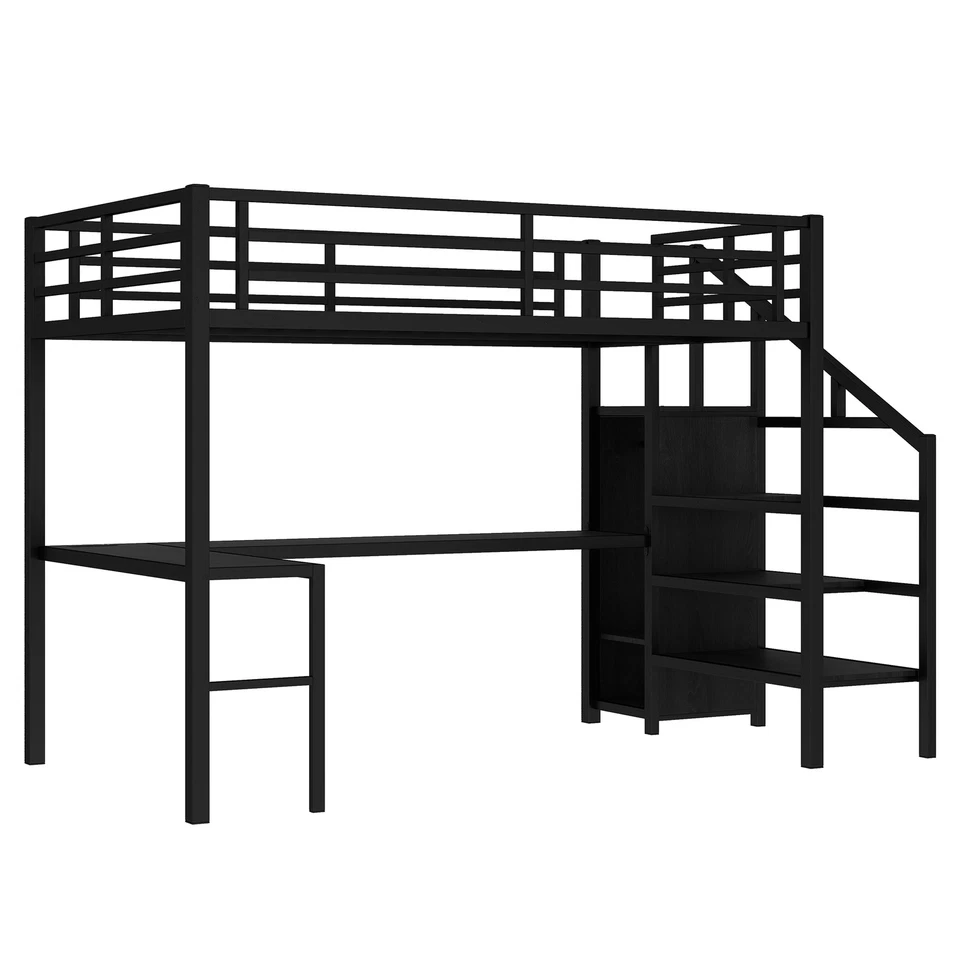 Full Size Loft Bed with L-shaped Desk Wardrobe USB Metal High Loft Bed Frames - Image 4 of 4