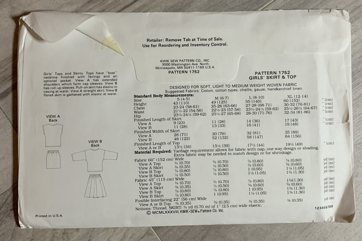 Vintage KWIK SEW Sewing Pattern 1752 Girls' Tops & Skirt Sz S M L
