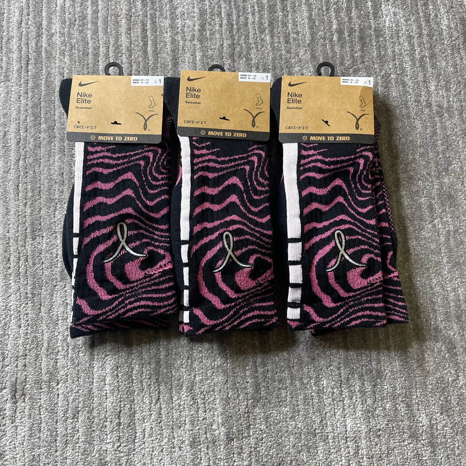 Nike Elite Socks Mens Large 8-12 Pink Kay Yow Breast Cancer Awareness BCA 3-Pack
