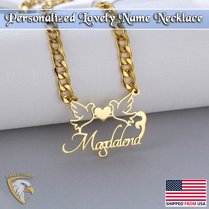 Custom Love Birds Name Necklace with Heart Nameplate Pendant - Personalized Gift - Made in USA  