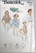 1979 BUTTERICK #5859 LADIES SEMI FITTED SHIRT w/SLEEVE VARIATIONS PATTERN SZ 12