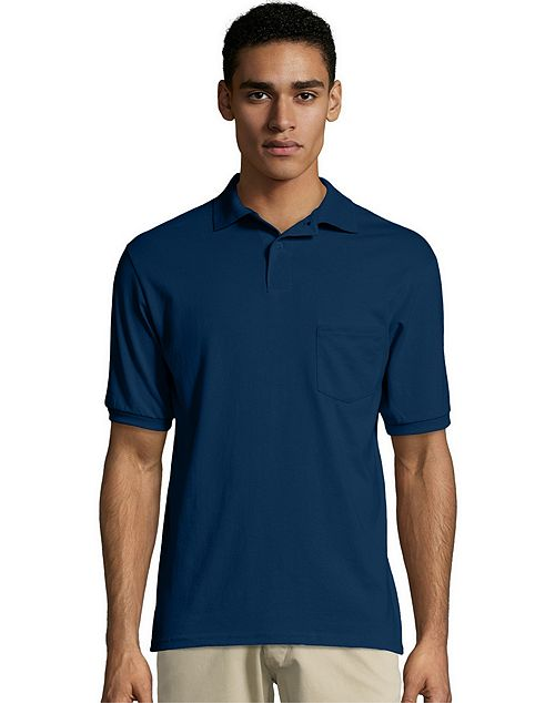 New Men's Hanes Eco Smart Navy Blue Jersey Golf Polo Shirt With Pocket Medium | eBay