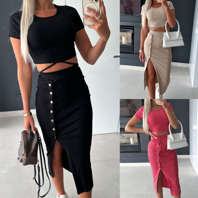 Women Midi Skirt Crop Top Two Piece Set Dress Ladies Party Bodycon Co ord Suit