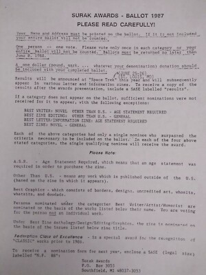 surek awards ballot 1987 star trek fandom