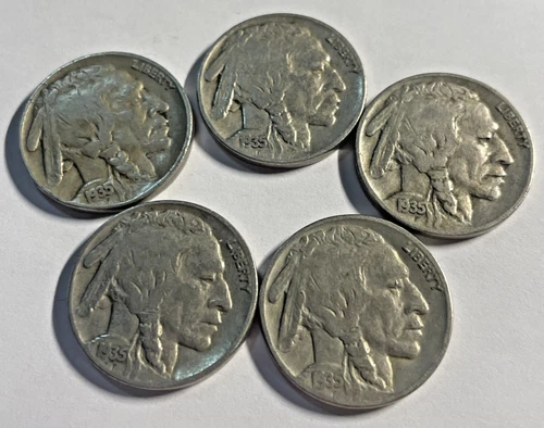 Lot of Five 1935 Buffalo Nickels Fine to V-Fine Details Plastic Protector Includ