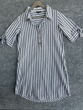Meadow Rhodes Womes Dress S 3/4 Sleeve Striped Gray Cotton Bland White Pockets