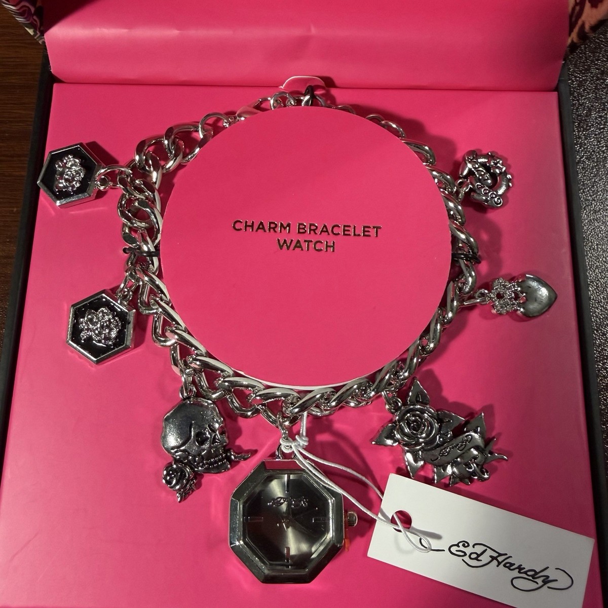 Ed Hardy Silver Charm Bracelet Octagon Watch Good Luck Y2K Style