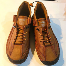 Men  s Brown Wide Lace-Up Casual Sneakers Leather Upper Comfort Rubber Sole