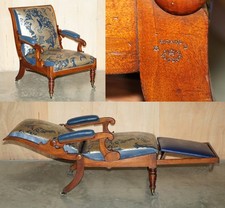 SILLÓN RECLINABLE BIBLIOTECA ANTIGUO ROBERT DAWS PALISANDRO NAPOLEÓNICO CUERO AZUL