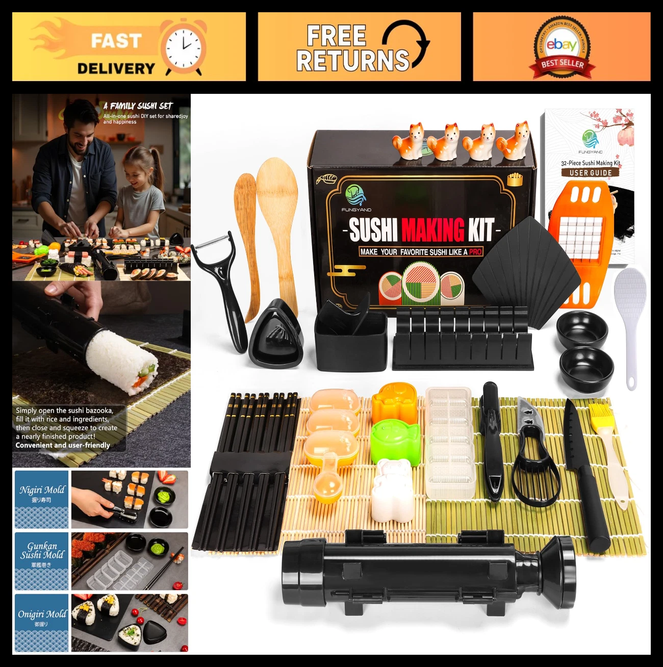 Complete Sushi Making Kit 32-in-1 Set with Roller, Presses, Bamboo Mats & Tools