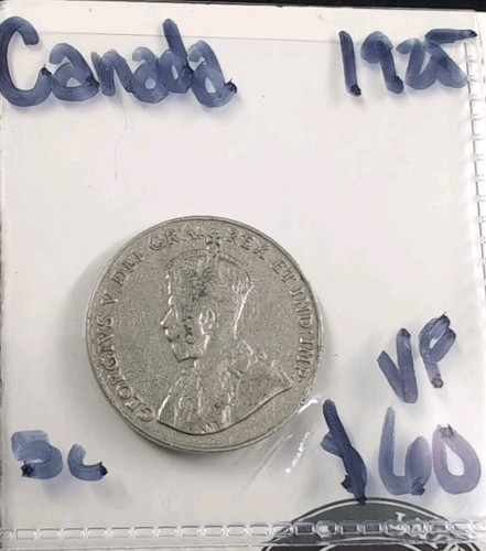 1925 Canada 5 Cents World Coin VF Key Date! Low Mintage! 8228