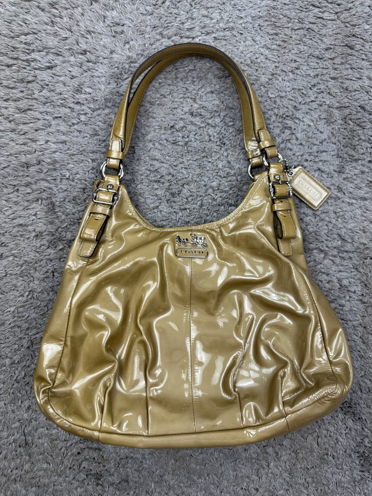 Coach Handbag Madison Maggie Hobo Beige Patent Leather Tote