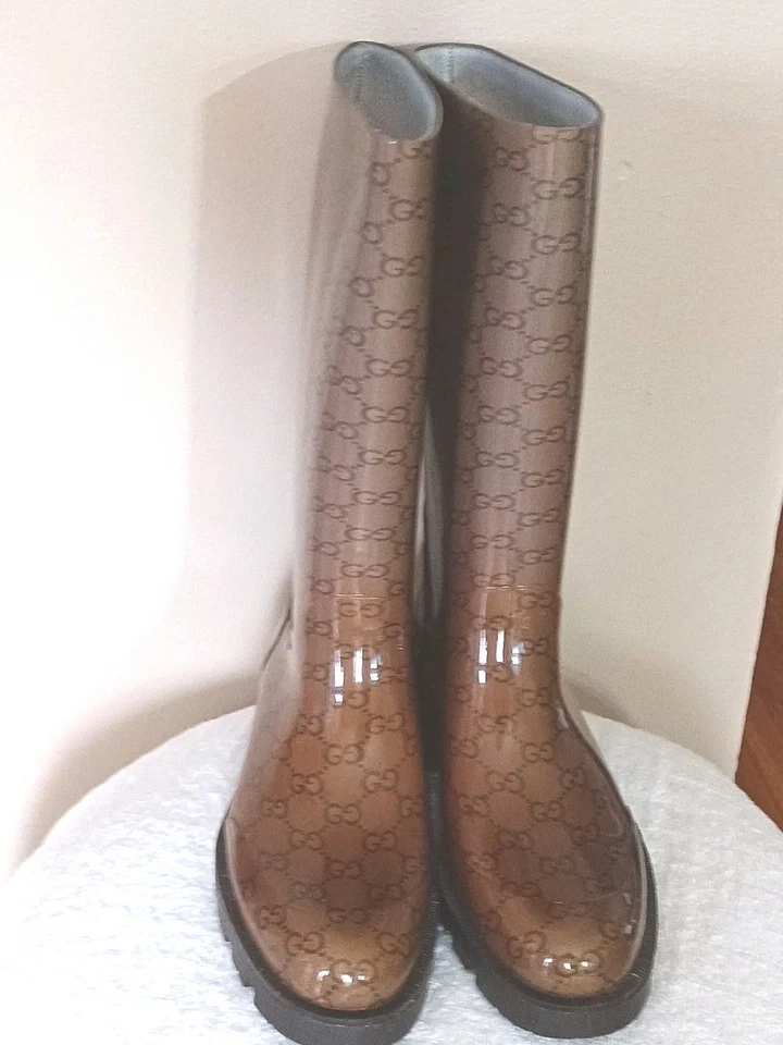 Gucci Brown GG Edinburgh Rubber Rain Boots 39 US 9 - Image 2 of 4