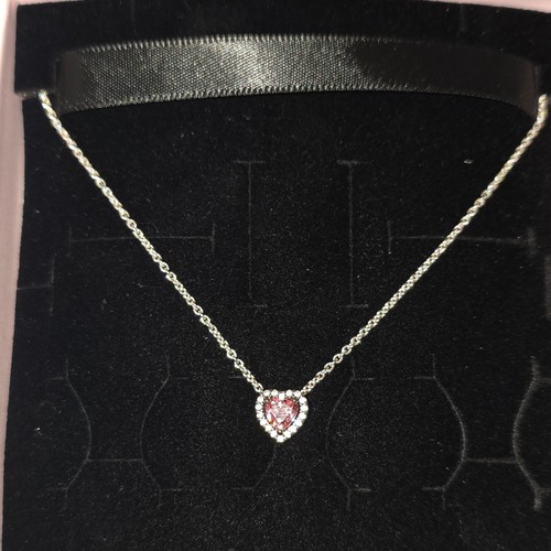 PANDORA Silver Heart Pink Crystal Halo Charm Pendant Cable Chain Necklace Set.
