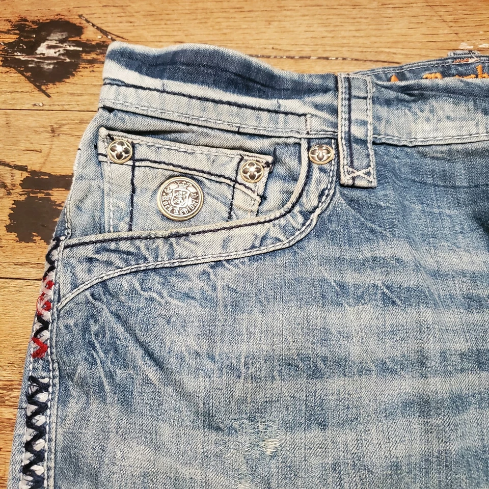 Pantalones de mezclilla para hombre Rock Revival Benjamin rectos lavado medio desgastados costuras rojas Foto 4 de 4