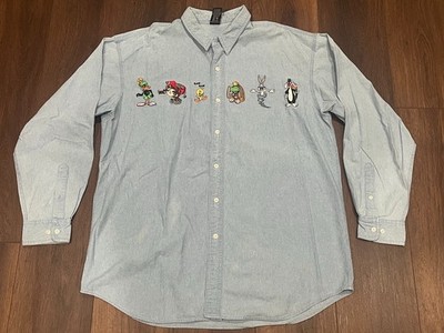 Vintage Warner Bros Studio Store Shirt Mens XL Blue Looney Tunes Button Down
