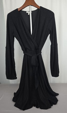 LBD Chic Black Ribbed Faux Wrap Long Sleeve Belted A-Line Dress Sz XS Classic