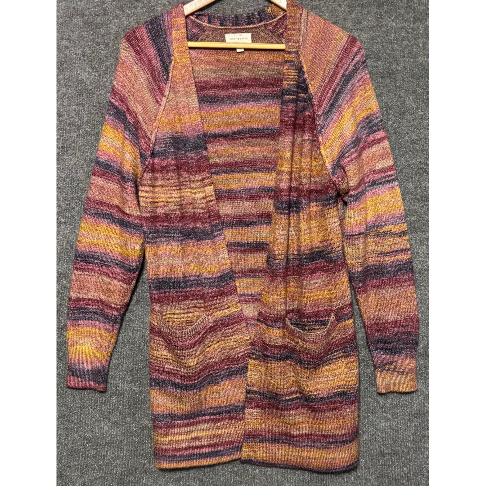 Lucky Brand Women's Striped Open Front Long Cardigan Sweater Burgundy Yellow L