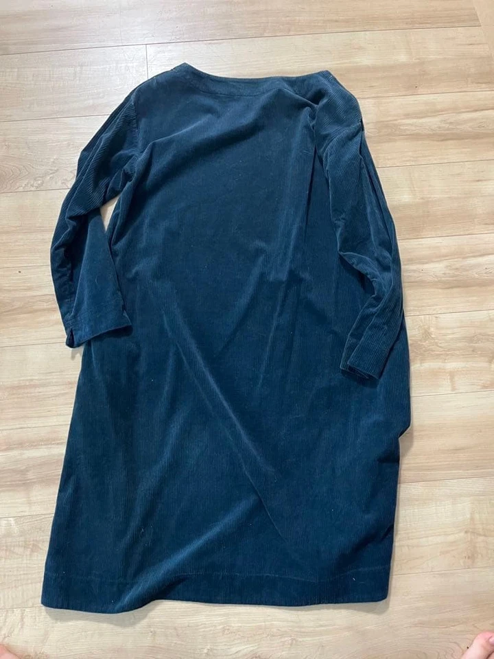 45R Hand Dyed Indigo Corduroy Knee Length Dress Free Size Classic One Piece - Image 4 of 4