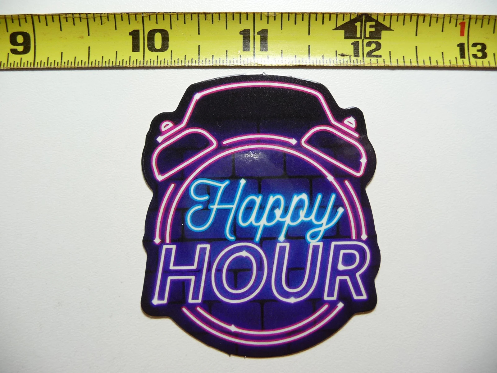 HAPPY HOUR ALARM CLOCK SMALL STICKER DECAL NEON STYLE MOTIVATIONAL POSITIVE