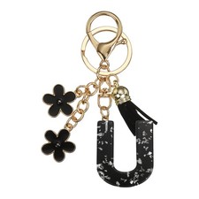 Alphabet Initial Letter Keychain Cute Charm With Tassel Flower Letter U Black