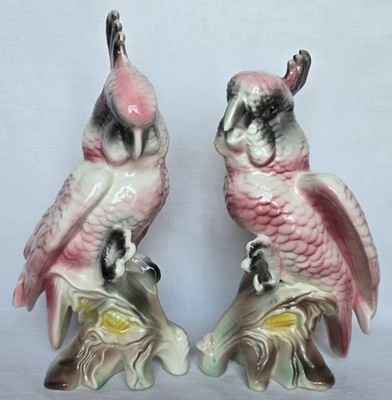 Pair of large 1940s cockatoos, pink & gray perched on corn stalks excellent cond