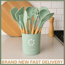 MaxLife 12PC Silicone Cooking Utensil Set Wood Handle Kitchen Tools Sage Green
