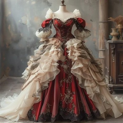 Victorian Luxurious Court Prom Dress Burgundy Gold Corset Lace Applique  Ruffles | eBay