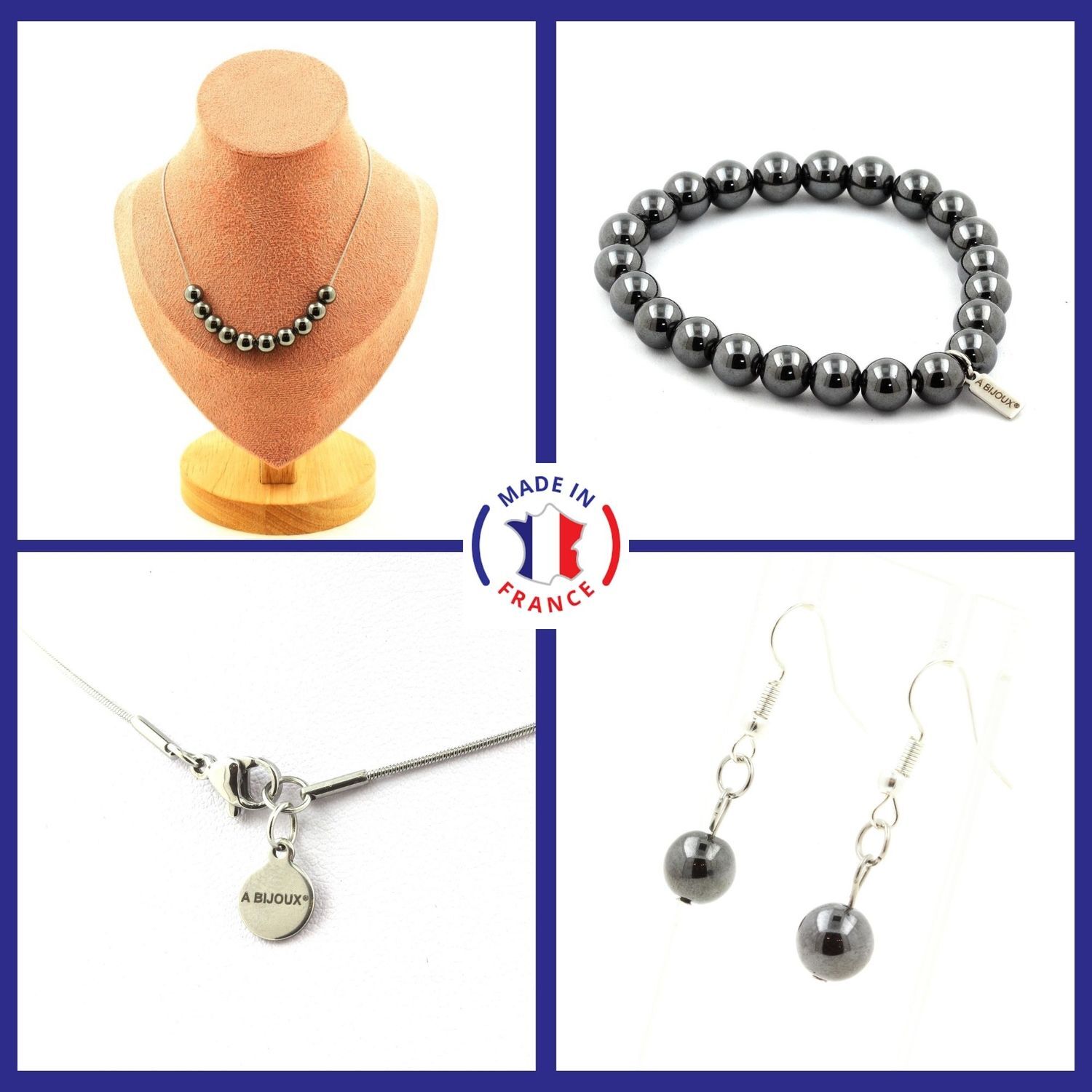 Collection pierres et minéraux collier bracelet boucles d'oreilles en obsidienne noire