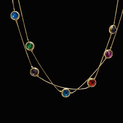 Vintage Bezel Set Multi Color Station Necklace Layered Goldtone Chain 22 Inches