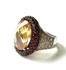 925 Garnet Ring Statement 7 cwt Yellow Garnet Red Garnet Triple Halo Wide Band