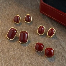 复古港风红色滴釉耳钉女秋冬轻奢气质高级感耳环小众设计新年耳饰