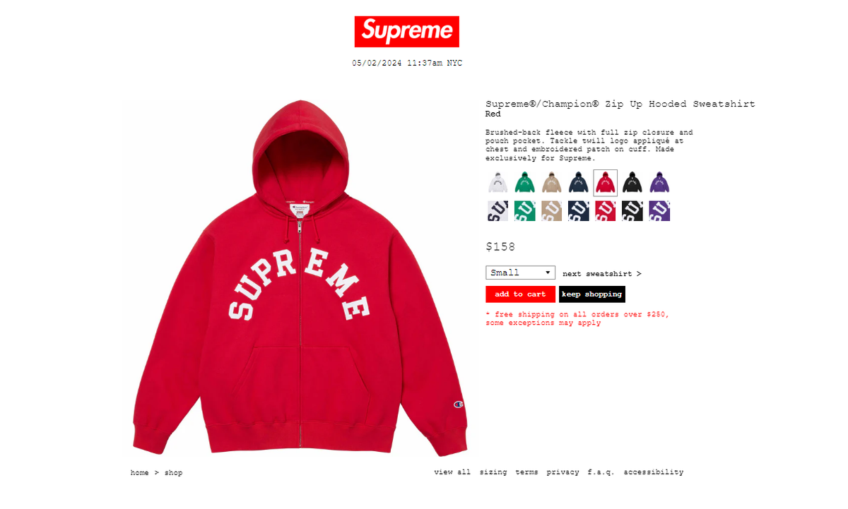 SUPREME®/CHAMPION® ZIP UP HOODED SWEATSHIRT Red XL *Order SUPREME®/CHAMPION® ZIP UP HOODED SWEATSHIRT Red XL *Order