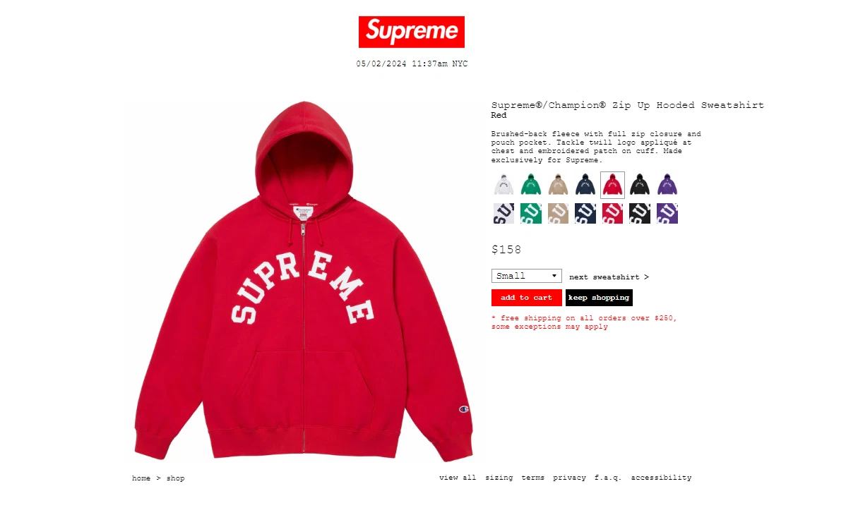 SWEAT SHIRT À CAPUCHE SUPREME®/CHAMPION® ZIP UP rouge XL *Commande confirmée*