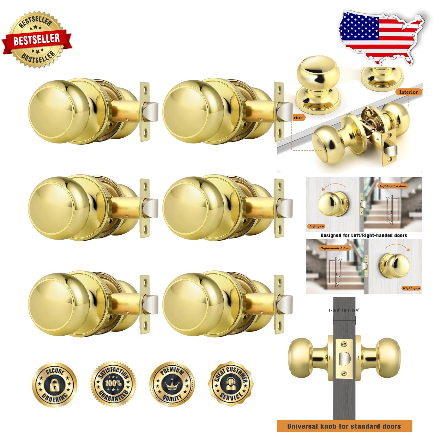 Versatile Privacy Door Knobs with Classic Round Ball Design - 6 Pack Set-image