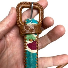 belt S leather wool weave colorful handmade hand tooled vintage South America