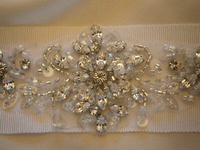 Designer bridal wedding dress fabric sash white Swarovski crystals beads  sequins | eBay