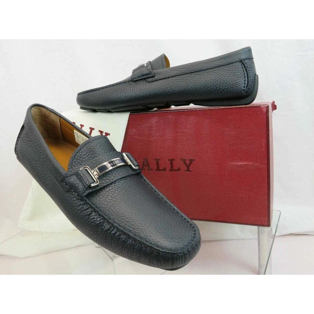 BALLY PIOTRE BLUE GRAINED LEATHER WEB LOGO DRIVER PENNY LOAFERS 11 D US 44 Vintage Bally Leather Loafers: Blue Low Heel Shoes, Made in  main image 4