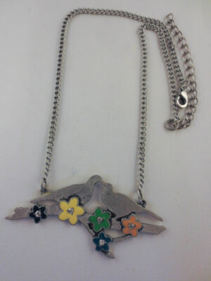 Antiqued Silvertone Rhinestone Enamel Flowers Two Love Birds Pendant Necklace